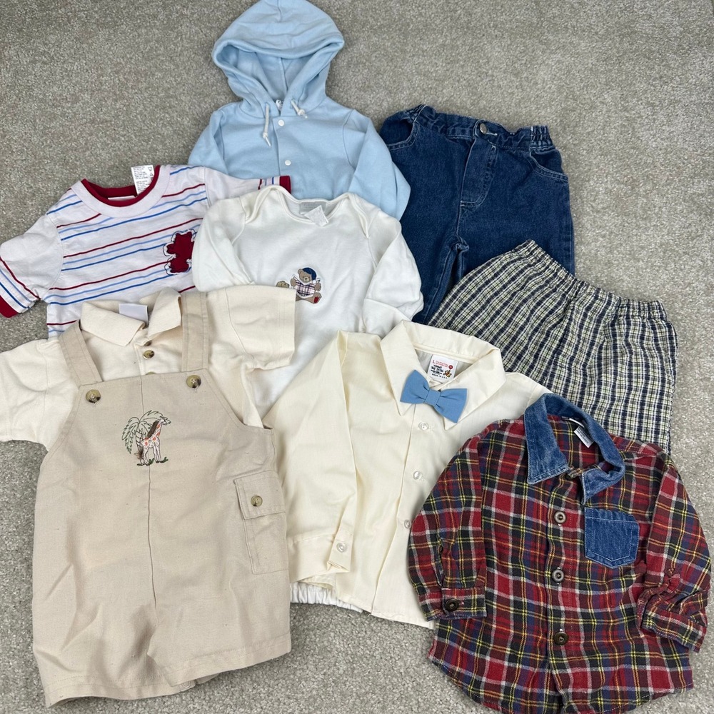 Vintage Carter's Winnie the Pooh Baby Boy Lot 18M 24M Plaid Denim Overalls 9pc